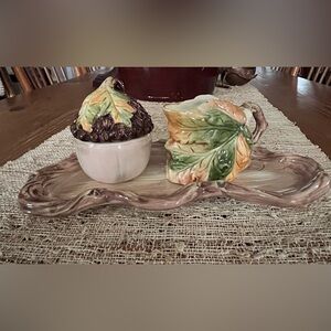 Hand-Painted Ceramic Leaf Pitcher and Acorn Sugar Set - Green and Brown